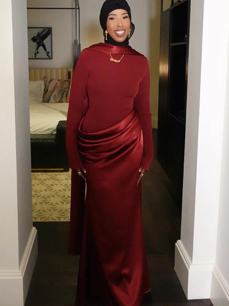 Elegant Long Sleeve Satin Patchwork Dress