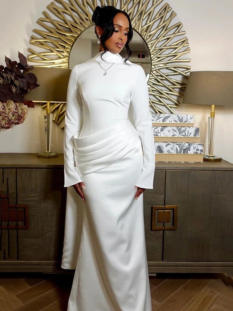 Elegant Long Sleeve Satin Patchwork Dress